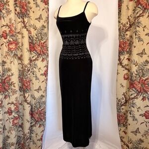 Lori Weidner Black Gothic Velvet Maxi Dress Silver Glitter Damask Detailing